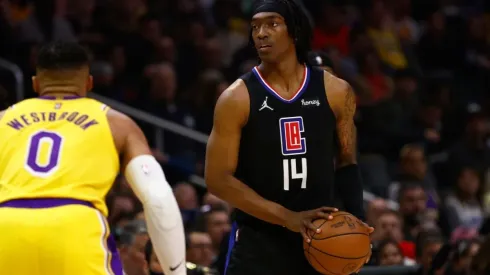 Terance Mann of the LA Clippers and Russell Waestbrook of Los Angeles Lakers playing at the Crypto.com Arena