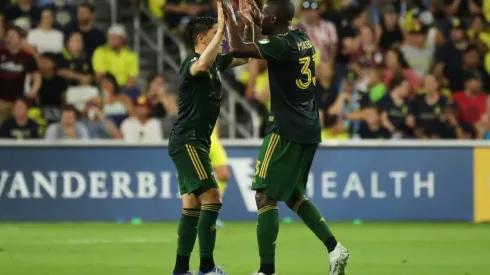 Larrys Mabiala of Portland Timbers celebrates after a goal
