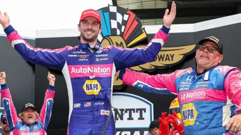 Alexander Rossi celebrates after winning the Gallagher Grand Prix
