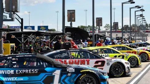 A general view of cars parked on the grid during practice for the NASCAR Cup Series Cook Out Southern 500