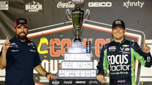 Erik Jones celebrates after winning the Cook Out Southern 500
