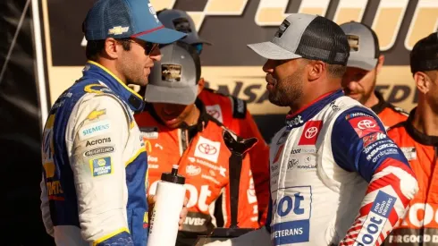 Chase Elliott congratulates Bubba Wallace after winning the Hollywood Casino 400
