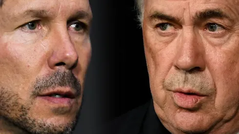 Diego Simeone, coach of Atletico Madrid (L) and Carlo Ancelotti, coach of Real Madrid (R)