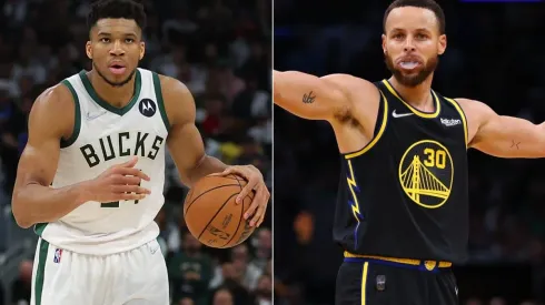 Giannis Antetokounmpo of the Milwaukee Bucks and Stephen Curry of the Golden State Warriors