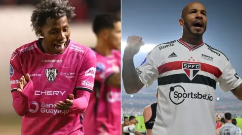 Julio Ortíz of Independiente del Valle (L) and Patrick of Sao Paulo (R)
