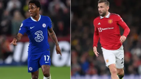 Raheem Sterling of Chelsea (L) and Luke Shaw of Manchester United (R)