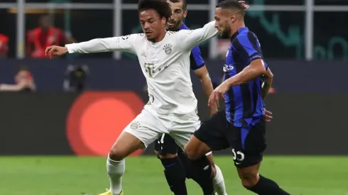 Leroy Sane’ of FC Bayern Munchen competes for the ball with Danilo D’Ambrosio (R) and Henrikn Mkhitaryan (back) of FC Internazionale
