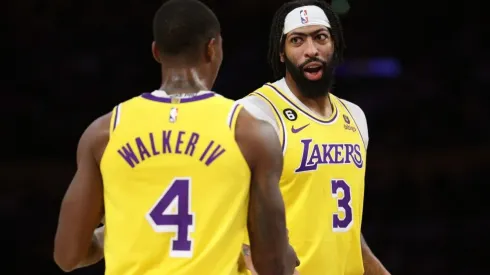 Anthony Davis of the Los Angeles Lakers reacts to Lonnie Walker IV
