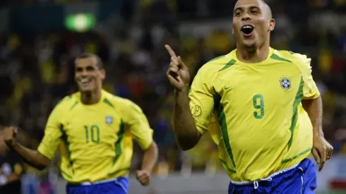 Ronaldo of Brazil celebrates scoring the winning goal during the FIFA World Cup Finals 2002
