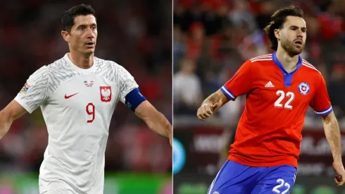 Robert Lewandowski of Poland (L) and Ben Brereton of Chile (R)
