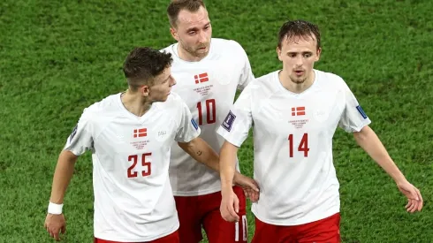 Jesper Lindstrom, Christian Eriksen and Mikkel Damsgaard of Denmark
