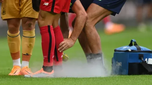 A Bilbao player receives some medical treatment via a spray during the pre season friendly match between Newcastle United and Athletic Bilbao
