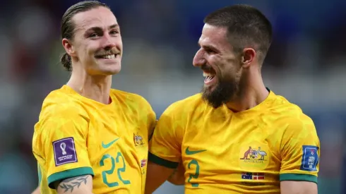 Jackson Irvine and Milos Degenek of Australia
