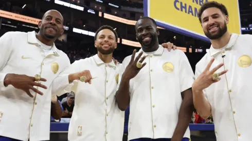 Andre Iguodala, Stephen Curry, Draymond Green, and Klay Thompson of the Golden State Warriors
