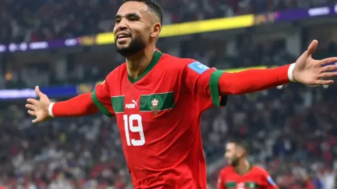 Youssef En-Nesyri of Morocco celebrates after scoring against Portugal
