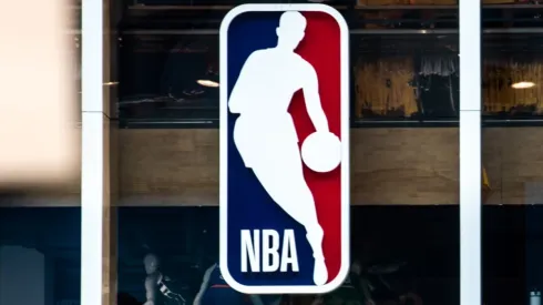 An NBA logo is shown at the 5th Avenue NBA store
