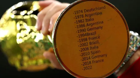 Detail of a replica FIFA World Cup Trophy
