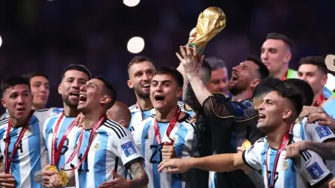 Lionel Messi of Argentina lifts the FIFA World Cup Qatar 2022 Winner's Trophy.
