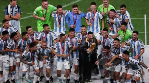 Lionel Messi of Argentina lifts the FIFA World Cup Trophy
