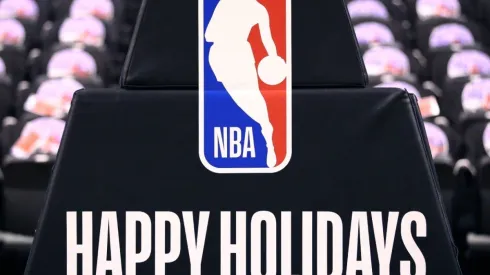 Christmas branding on the basketball stantion prior to an NBA game