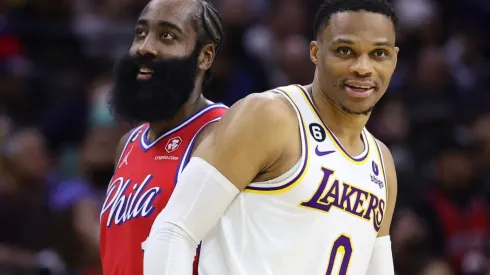 James Harden #1 of the Philadelphia 76ers and Russell Westbrook #0 of the Los Angeles Lakers
