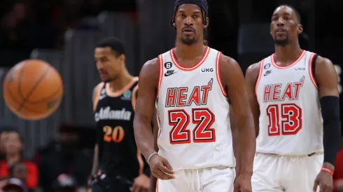 Jimmy Butler #22 and Bam Adebayo #13 of the Miami Heat