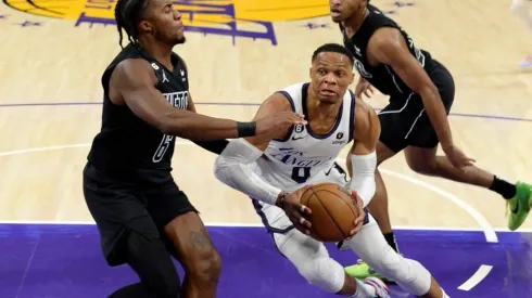 Russell Westbrook #0 of the Los Angeles Lakers drives to the basket against David Duke Jr. #6 of the Brooklyn Nets
