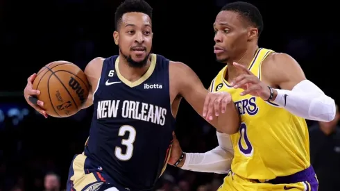 CJ McCollum #3 of the New Orleans Pelicans drives to the basket as he is guarded by Russell Westbrook #0 of the Los Angeles Lakers
