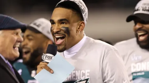 QB Jalen Hurts singing "Fly, Eagles fly" after the NFC Championship Game win
