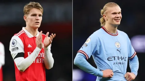 Martin Odegaard of Arsenal and Erling Haaland of Manchester City