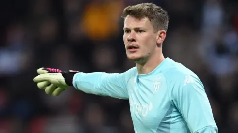 Alexander Nübel of Monaco in the first leg against Bayer Leverkusen in the UEFA Europa League
