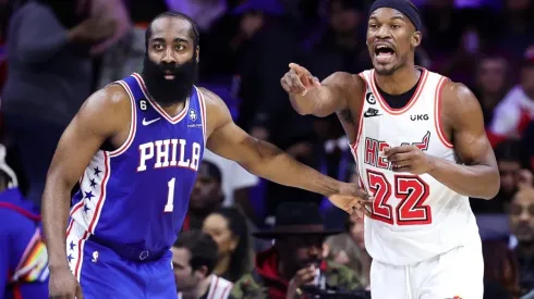 James Harden #1 of the Philadelphia 76ers and Jimmy Butler #22 of the Miami Heat