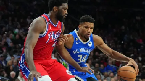 Giannis Antetokounmpo #34 of the Milwaukee Bucks drives to the basket against Joel Embiid #21 of the Philadelphia 76ers