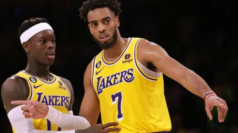 Troy Brown Jr. #7 and Dennis Schroder #17 of the Los Angeles Lakers
