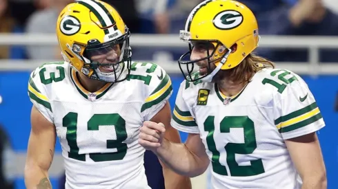 Allen Lazard (left) and Aaron Rodgers.
