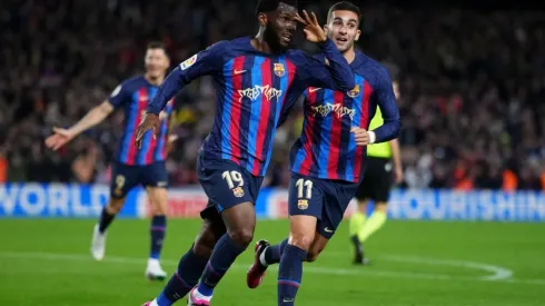 Franck Kessie of FC Barcelona celebrates after scoring
