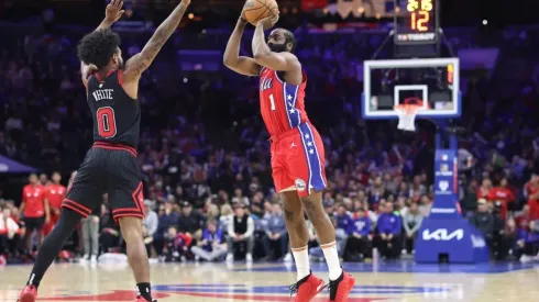 James Harden #1 of the Philadelphia 76ers shoots over Coby White #0 of the Chicago Bulls
