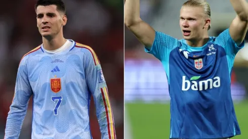 Alvaro Morata of Spain and Erling Haaland of Norway