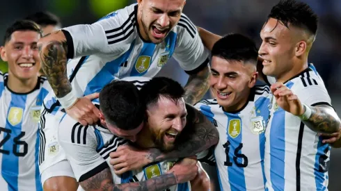 Lionel Messi of Argentina celebrates with teammates
