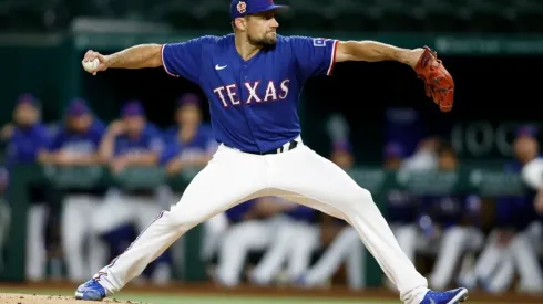 Nathan Eovaldi #17 of the Texas Rangers