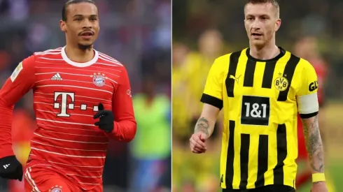 Leroy Sane of FC Bayern München and Marco Reus of Borussia Dortmund