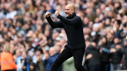 Pep Guardiola celebrating during the match between Manchester City and Liverpool in the 2022-2023 Premier League