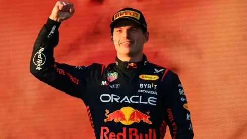 Max Verstappen on the podium after winning the 2023 F1 Australian Grand Prix
