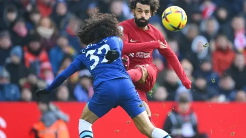 Mohamed Salah of Liverpool shoots past Marc Cucurella of Chelsea
