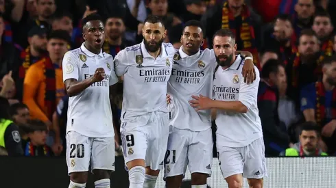 (L-R)Vinicius Junior of Real Madrid celebrates with teammates Karim Benzema, Rodrygo and Daniel Carvajal
