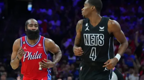 James Harden #1 of the Philadelphia 76ers reacts in front of Edmond Sumner #4 of the Brooklyn Nets
