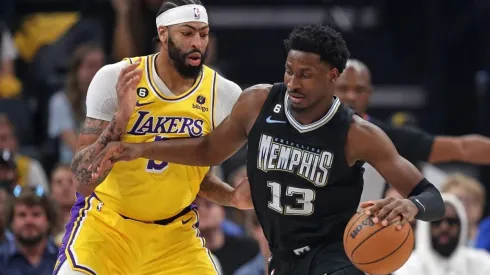 Jaren Jackson Jr. #13 of the Memphis Grizzlies handles the ball against Anthony Davis #3 of the Los Angeles Lakers