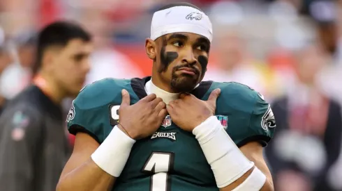 Jalen Hurts quarterback of the Philadelphia Eagles during Super Bowl LVII against the Kansas City Chiefs
