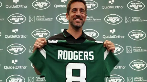 Aaron Rodgers after being introduced as quarterback of the New York Jets
