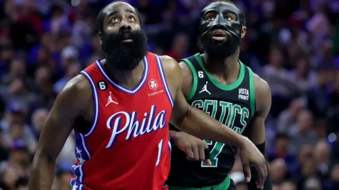 James Harden #1 of the Philadelphia 76ers looks on against Jaylen Brown #7 of the Boston Celtics